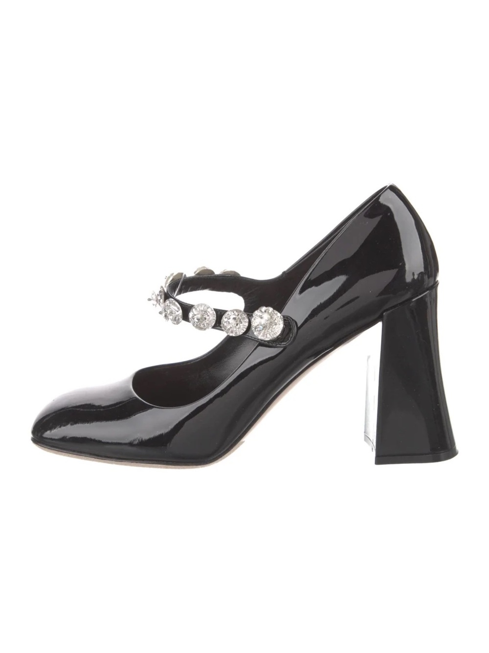 Miu Miu Black Patent Mary Jane Heels with Crystal Strap